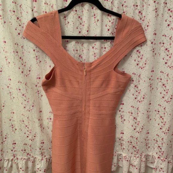 Herve Leger Rose Pink Blush Bandage Dress w/ Beige Criss-Cross Detail, Size S - Picture 7 of 8